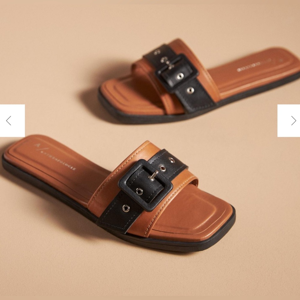 Anthropologie Buckle Slide Sandals Tan and Black Size 40 / 9